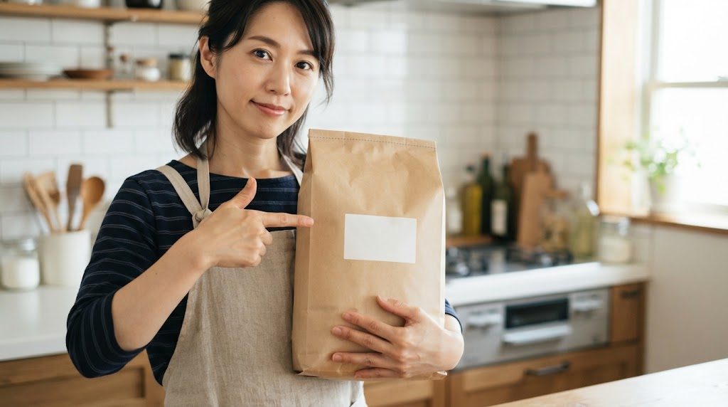 女性が米袋を抱えて持ち、袋に貼られた白いラベルの表示欄を指さしている様子