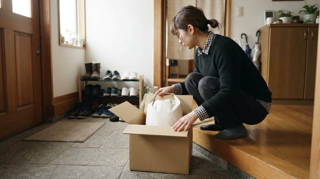 玄関の上がり框で、届いた段ボール箱を開けて中の米袋を取り出そうとしている女性