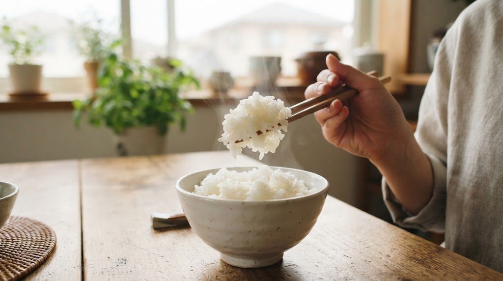 炊きたての白いご飯を箸で持ち上げると、粘りで米粒がまとまっている様子