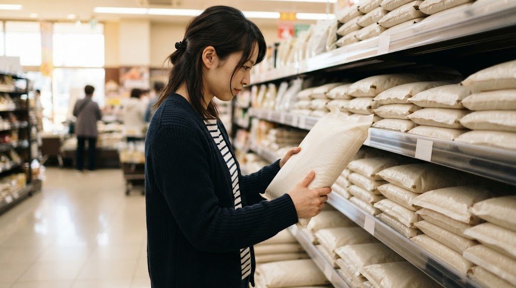 米売り場の棚の前で、無地の5kgの米袋を手に取って裏側を確かめている女性