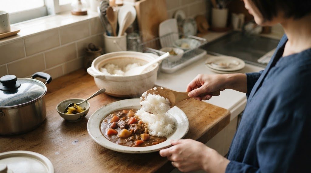 カレーを盛った皿に、しゃもじで白いご飯をよそっている手元