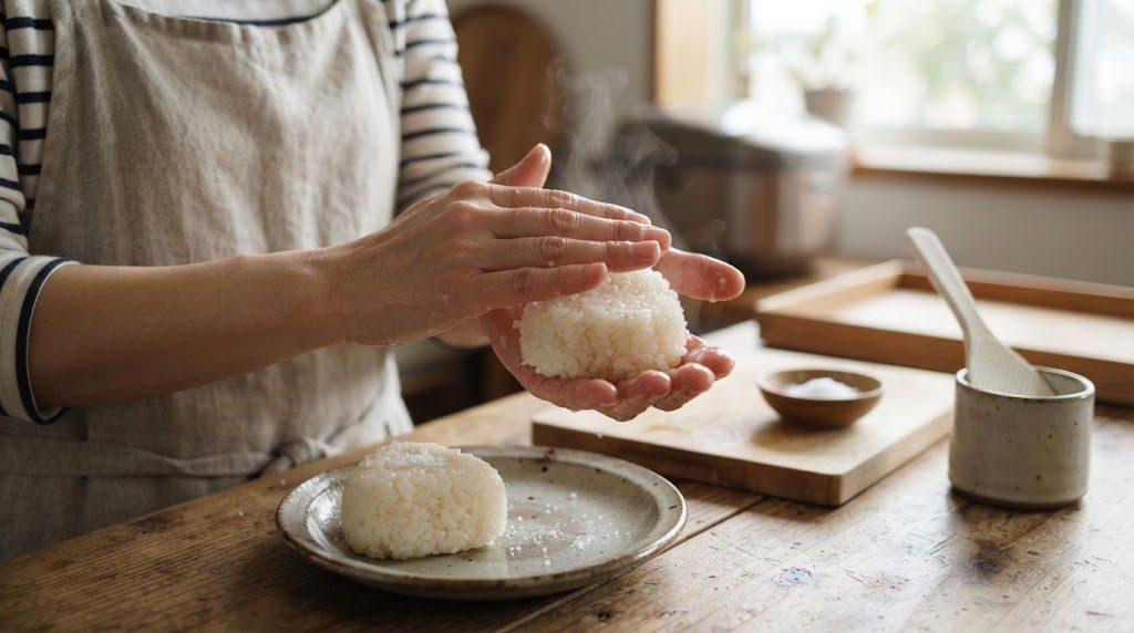 手のひらで炊きたてのご飯を包んで、塩むすびを握っている手元