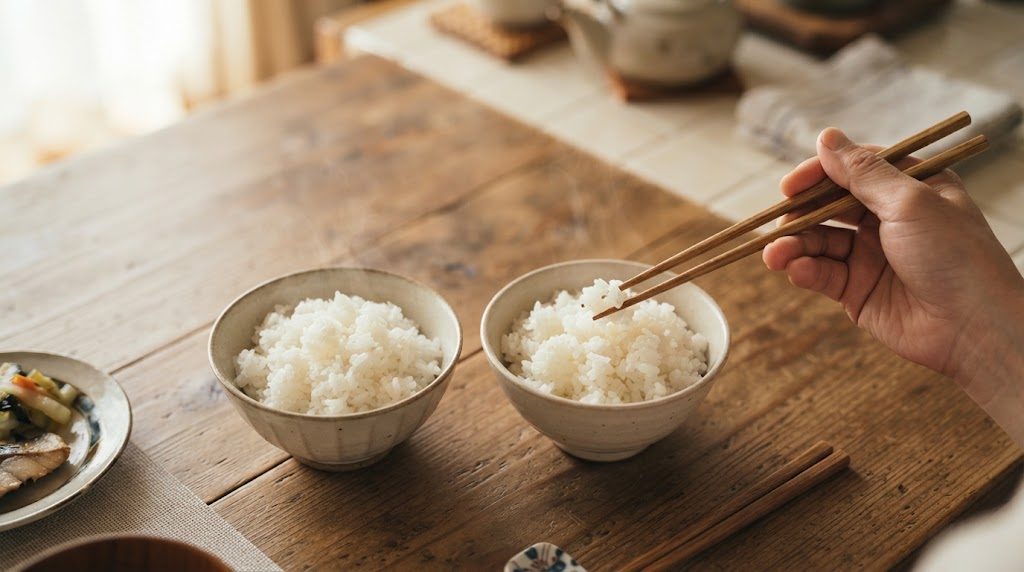 同じ茶碗に盛った2種類の炊きたてご飯を、箸で少しずつ取って食べ比べている様子