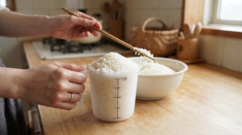 米用の計量カップにふんわりすくったお米を、菜箸でふちに沿って平らにすり切っている手元