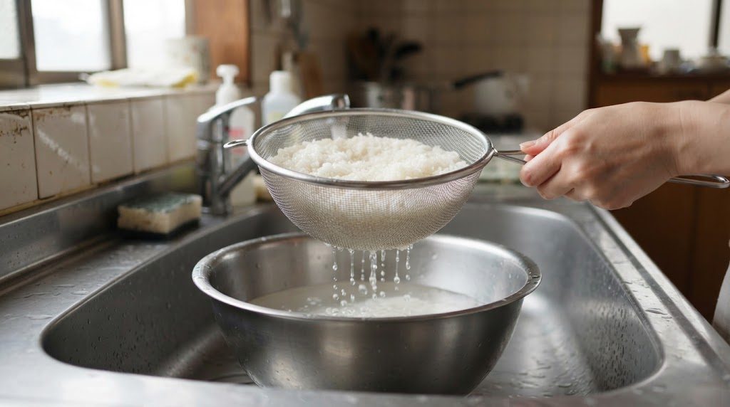 洗ったお米をざるに上げ、ボウルの上で水を切っている手元