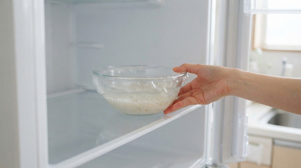 ラップをかけたお米入りのガラスのボウルを、冷蔵庫の棚に入れている手元