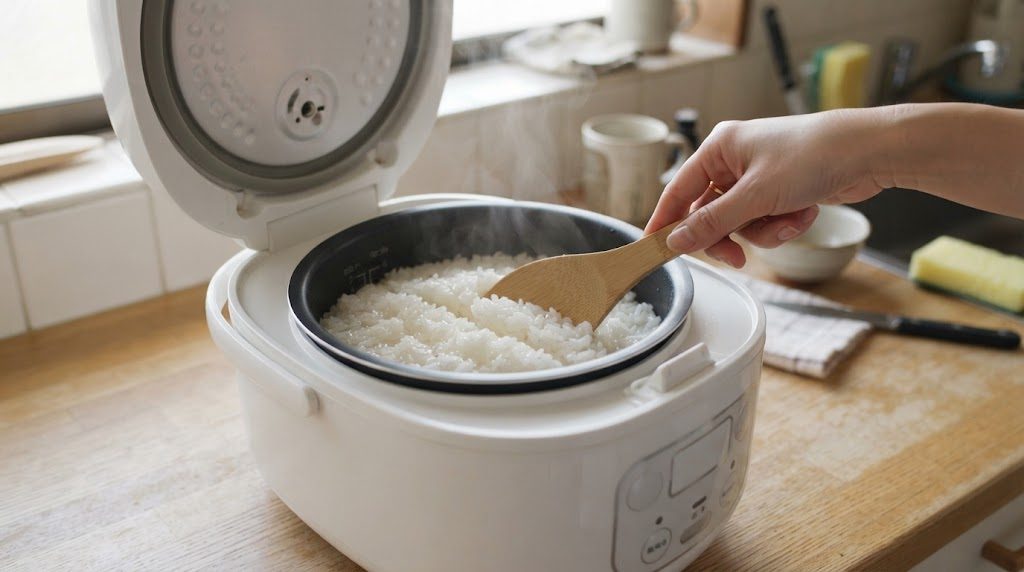 しゃもじを入れて、底から返している手元