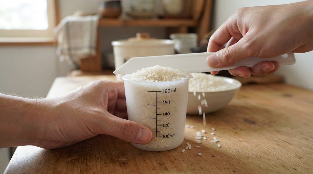 米用の計量カップのふちに白いプラスチックの板をのせて、山になったお米を平らにすり切っている手元