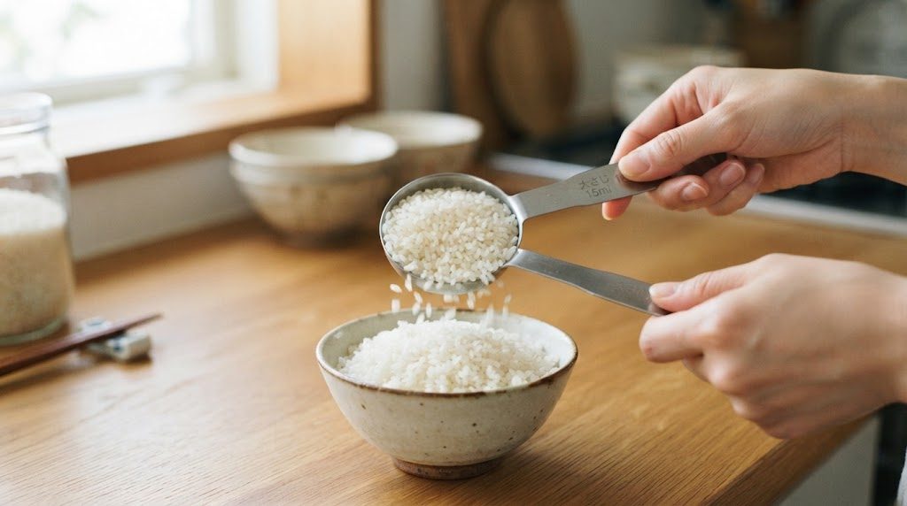 大さじ(計量スプーン)にお米をすくって、小さなボウルに入れている手元