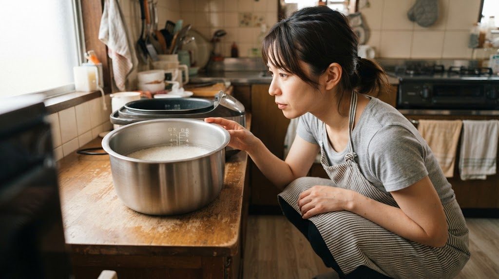平らな台に置いた内釜の水位を、女性がしゃがんで目の高さを合わせ、真横から確かめている様子