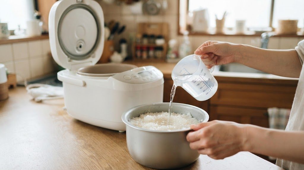 炊飯器の本体から出した内釜のお米に、計量カップで水を注いでいる手元。本体は横でふたが開いている