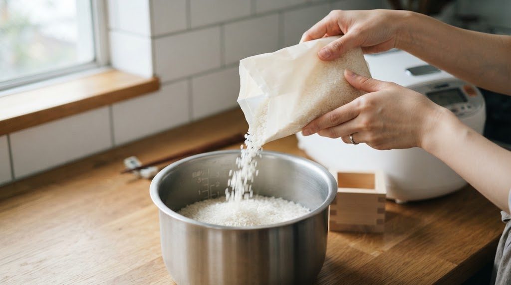 無地の袋の口を開けて、中の無洗米を炊飯器の内釜に注ぎ入れている手元