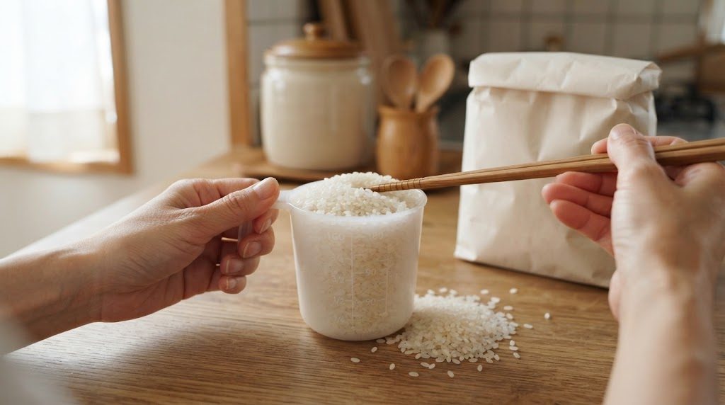 米用の計量カップにすくった無洗米を、菜箸でふちに沿って平らにすり切っている手元