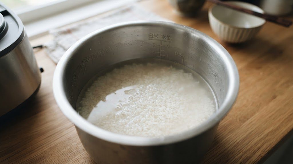 炊飯器の内釜に入れた無洗米に水を注いだあと、水面がうっすら白く濁っている様子