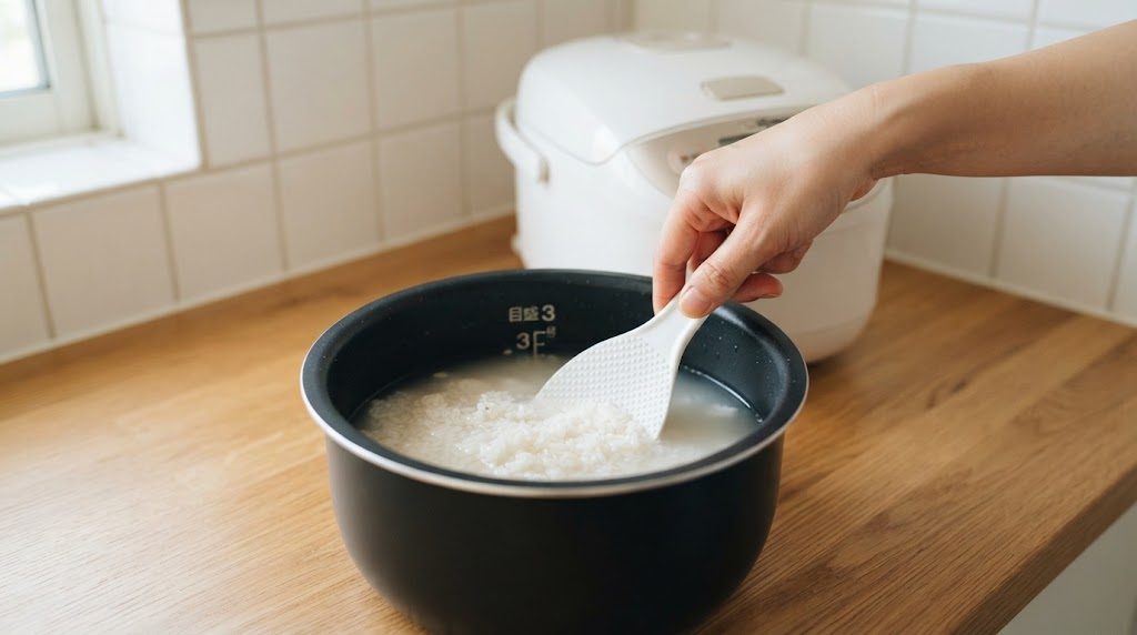 内釜に水を入れた無洗米を、しゃもじで底からひと混ぜしている手元