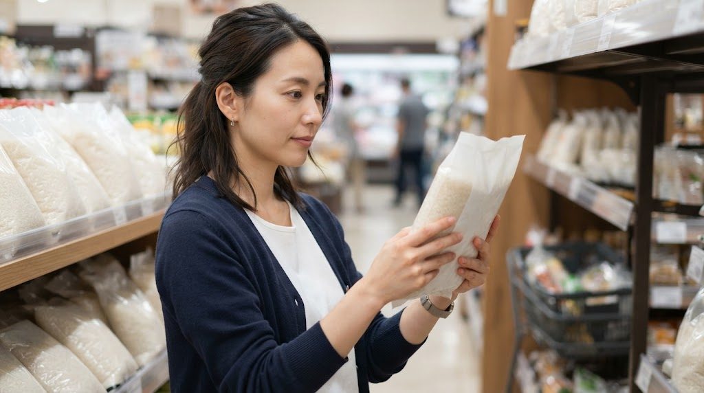 スーパーの米売り場で、女性が無地の米袋を両手で持ち、裏側の表示を確かめている様子