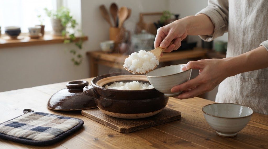土鍋で炊いたご飯を、しゃもじで茶碗によそっている手元