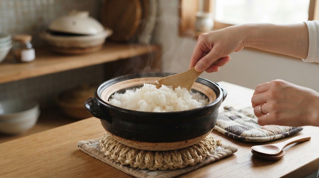 土鍋の炊きたてのご飯を、しゃもじで底から返してほぐしている手元