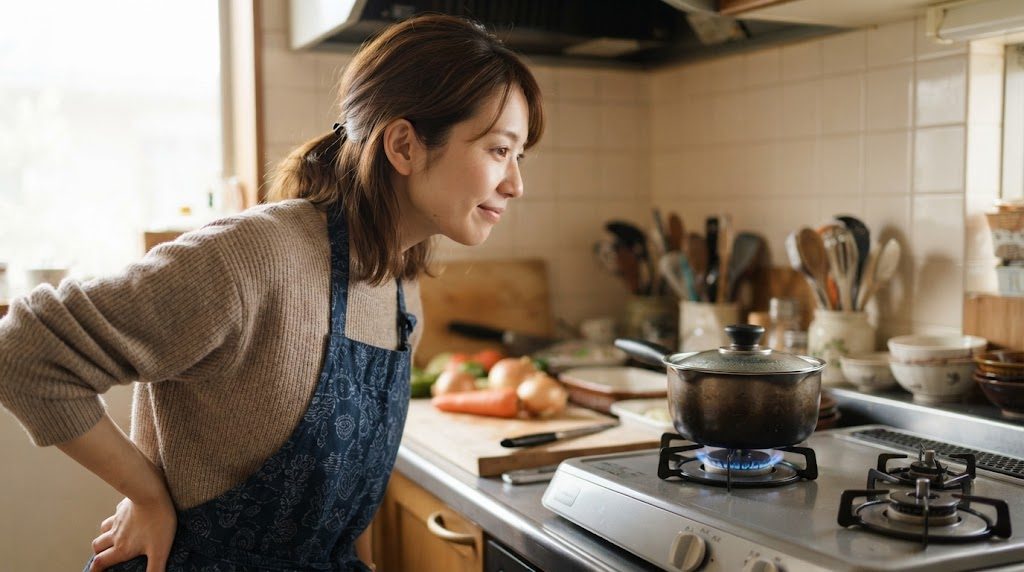 弱火にかけたふた付きの鍋に体を傾けて、音を聞くように様子を見守っている女性