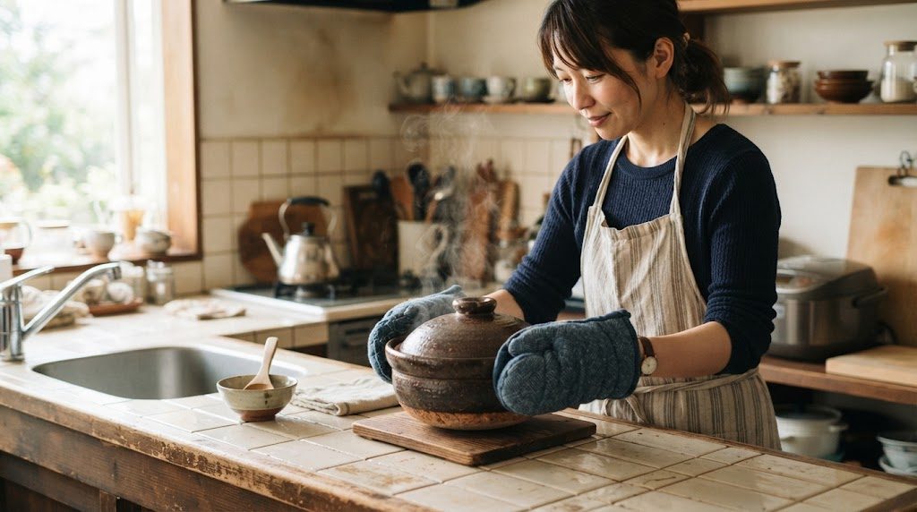 炊きあがった熱い土鍋を、鍋つかみをはめた両手で木の鍋敷きの上に置いている場面