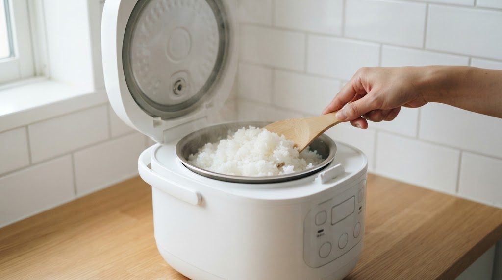 炊飯器のふたを開けて、炊きあがった白いご飯を、しゃもじでほぐしている手元。湯気が上がっている