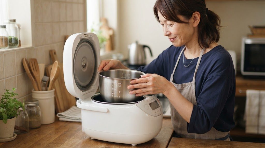 炊飯器の本体に、ステンレスの内釜を両手でセットしている女性