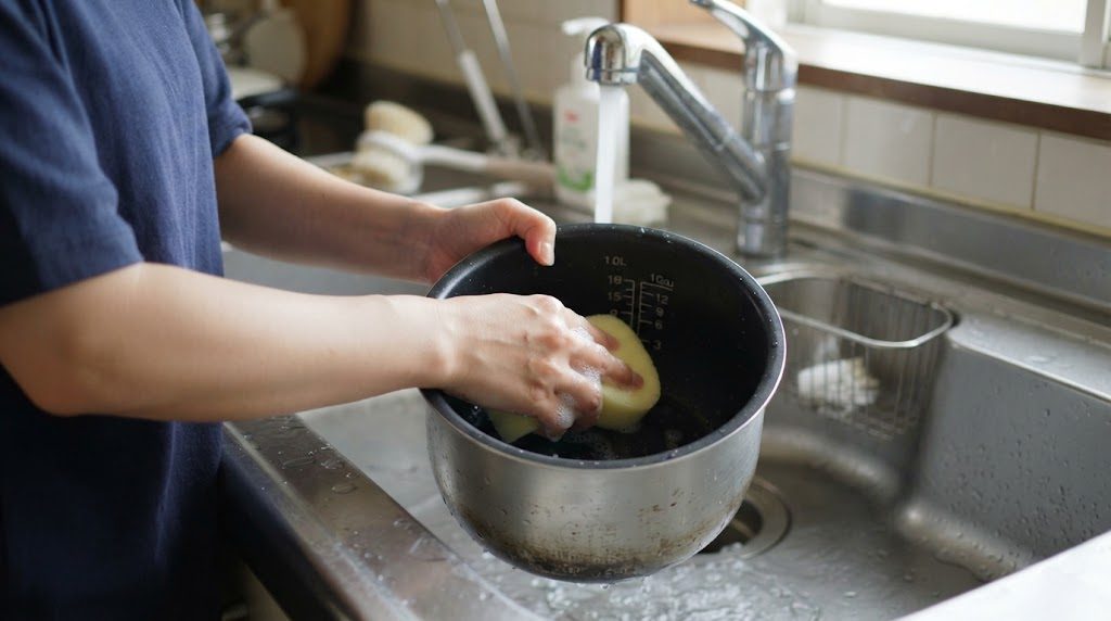 シンクで、炊飯器の内釜の内側をやわらかいスポンジでやさしく洗っている手元