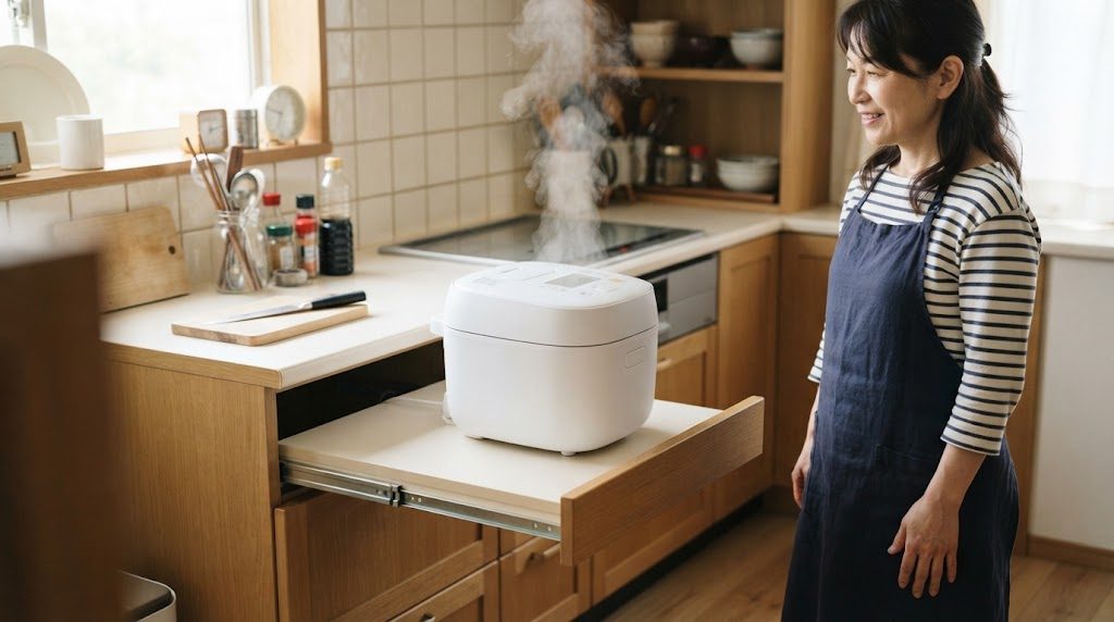 引き出した棚の上に炊飯器を置き、蒸気が上に抜けるようにしている台所。女性が横に立っている