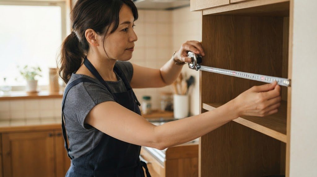 女性が両手でメジャーを持ち、棚の空いた場所の内側の横幅を測っている様子
