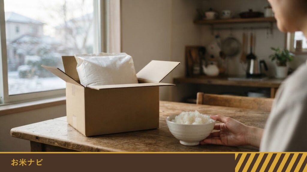 ふるさと納税で届いた段ボール箱の中のお米と、お茶碗に盛ったご飯が窓辺のテーブルに置かれた様子