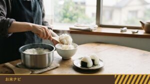 窓辺のテーブルで、炊きたてのご飯をしゃもじで茶碗によそっている手元と、塩むすびをのせた小皿
