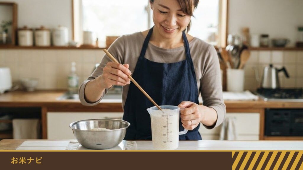 目盛り付きの計量カップにすくったお米を、菜箸で平らにすり切っている
