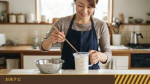 目盛り付きの計量カップにすくったお米を、菜箸で平らにすり切っている