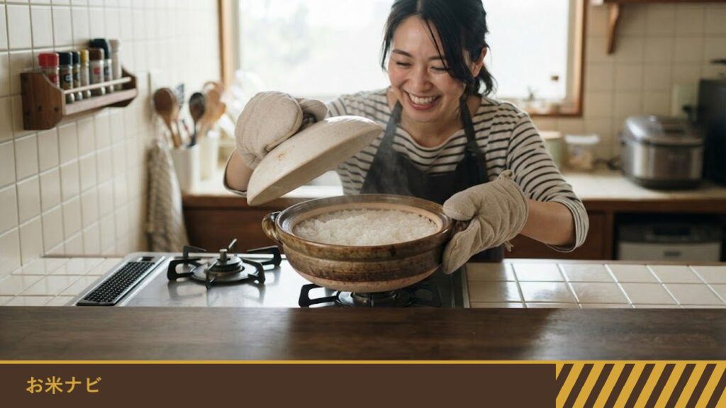 鍋つかみをはめた女性が、炊きあがった土鍋のふたを開けて、白いご飯をのぞき込んで笑っている様子