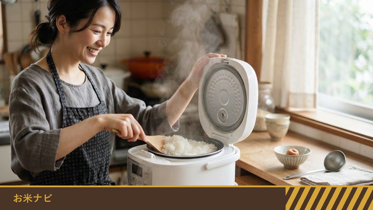 台所で、女性が炊飯器のふたを開け、炊きたての白いご飯の湯気の中で、しゃもじでほぐしている様子