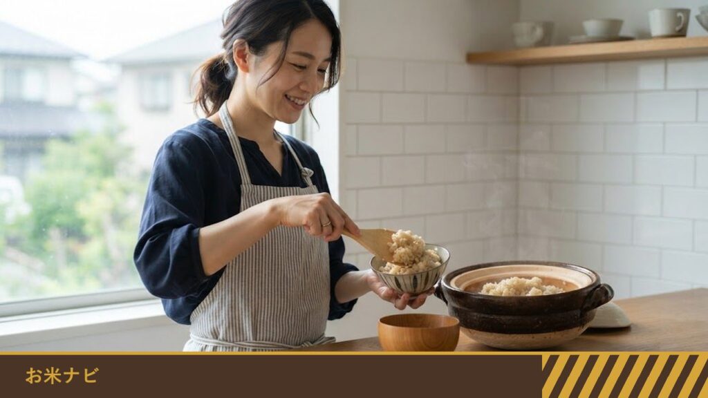 窓辺の台所で、女性が炊きあがった玄米ご飯を土鍋から茶碗によそっている様子