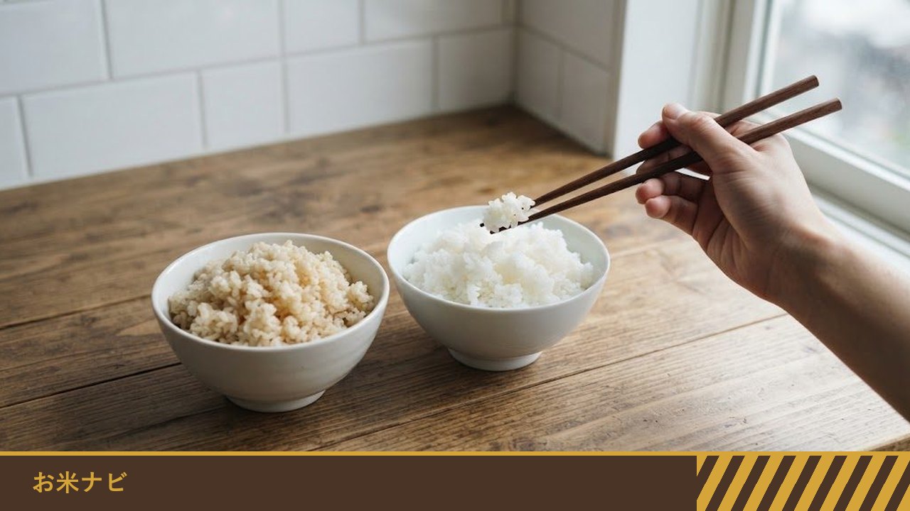 茶碗に盛った玄米ご飯と白米のご飯が並び、色の違いが分かる食卓で、箸でご飯をつまもうとしている手元