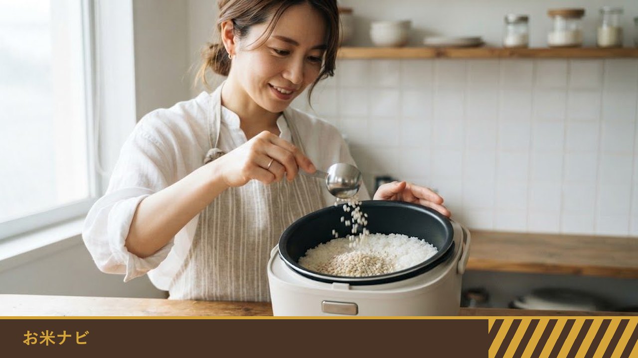 台所で、女性が炊飯器の内釜の白米に、計量スプーンでもち麦を加えている様子