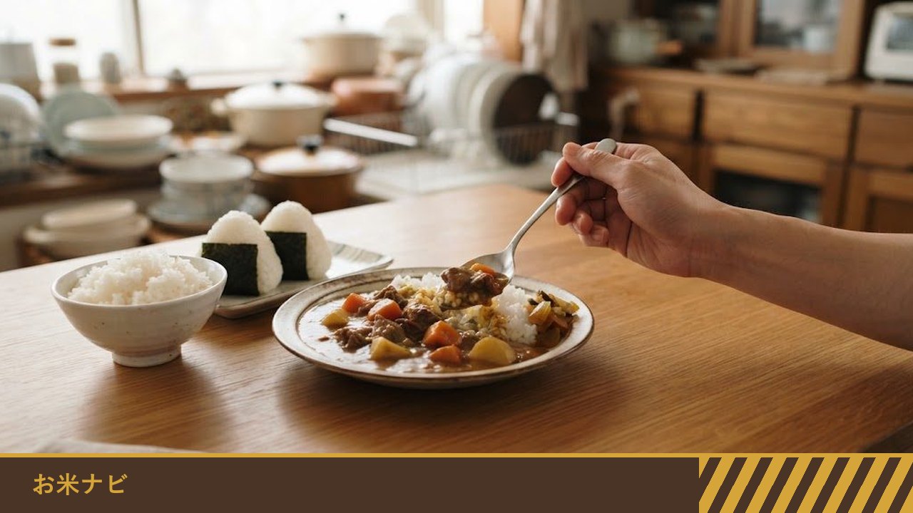 食卓に並んだ茶碗のご飯、おにぎり、カレーライスと、カレーをスプーンですくおうとしている手元