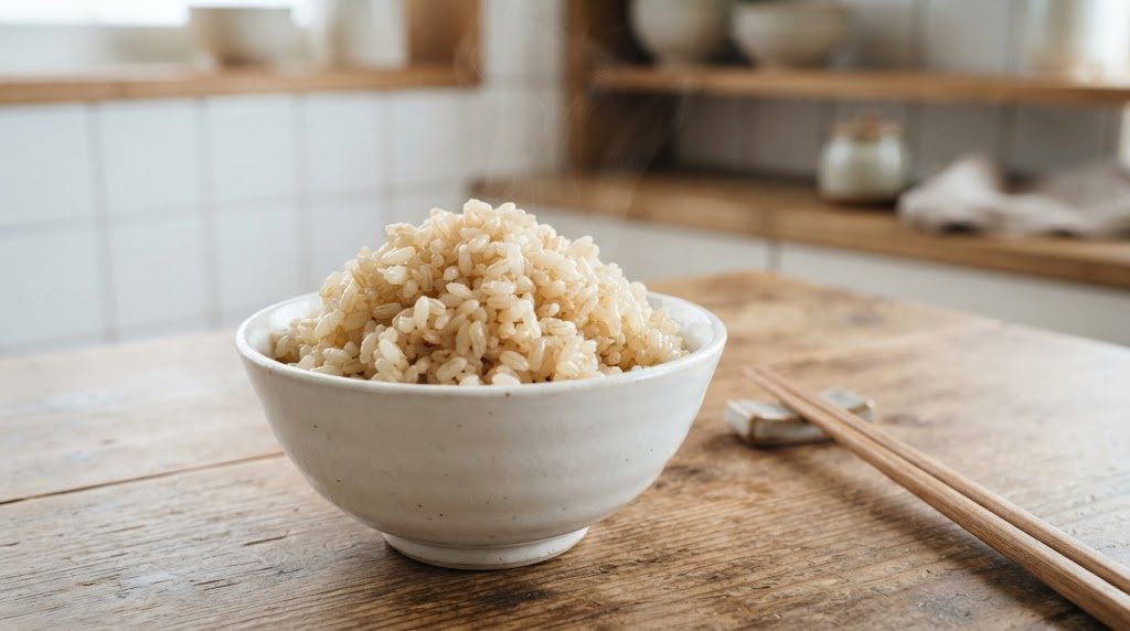 白い陶器の茶碗に山型に盛った、炊きたての玄米ご飯。横に木の箸が置かれている