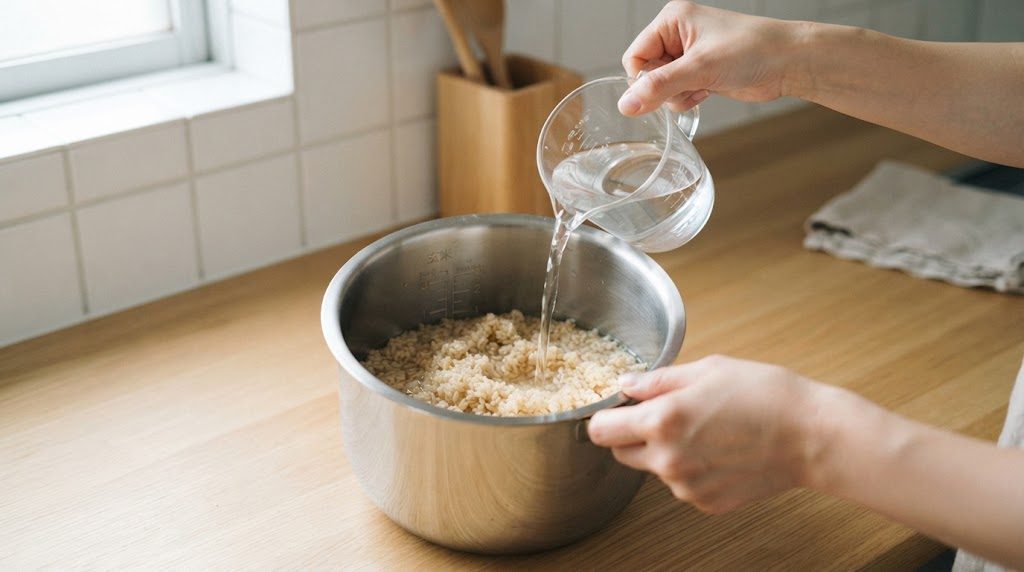 本体から出した炊飯器の内釜に入れた玄米へ、計量カップから水を注いでいる手元