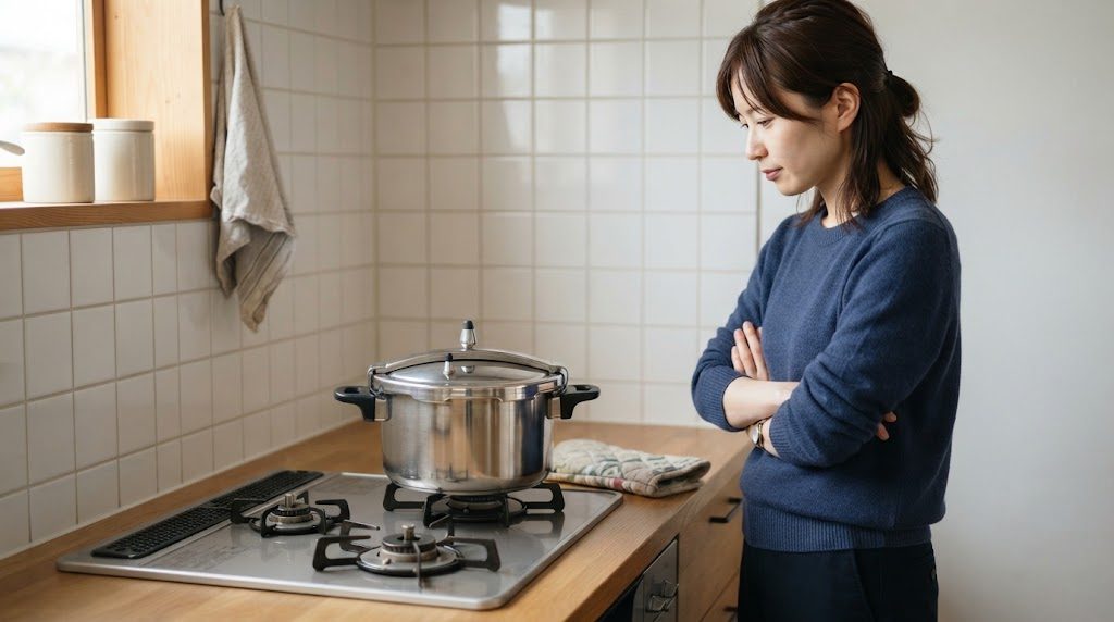 ふたをしっかり閉めた圧力鍋を、火を止めたこんろに置いたまま、女性が少し離れて待っている様子