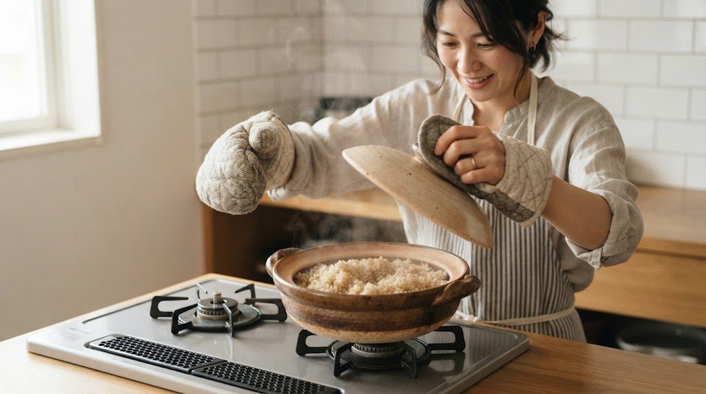 鍋つかみをはめた女性が、こんろの上の土鍋のふたを持ち上げ、淡い茶色の玄米ご飯が見える場面