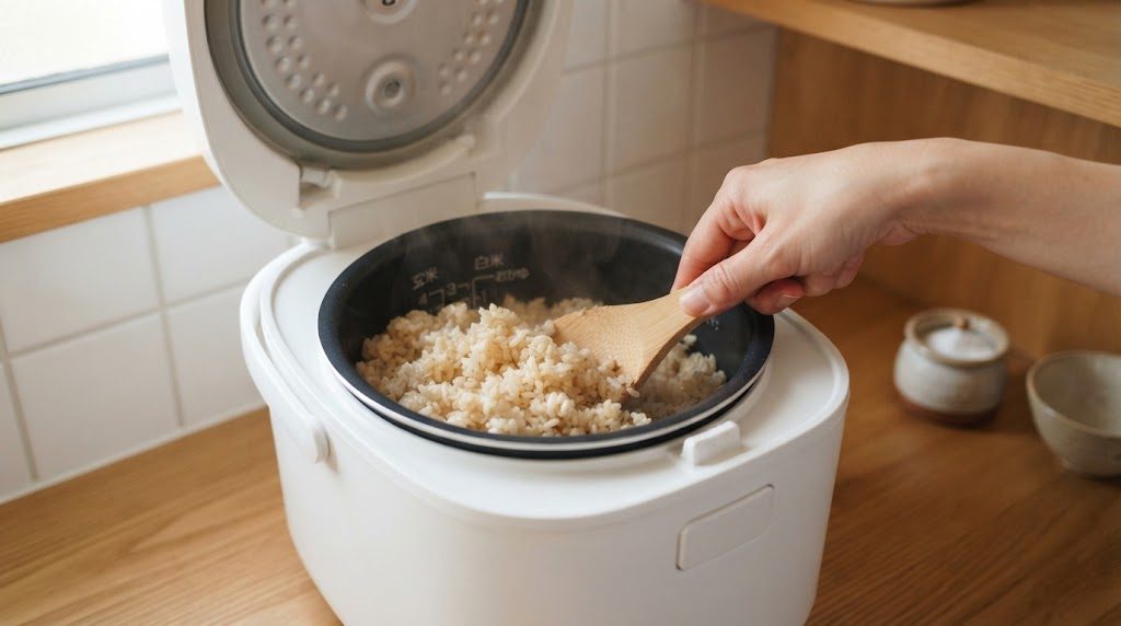 炊飯器の内釜の炊きあがった玄米ご飯を、しゃもじで底から返してほぐしている手元