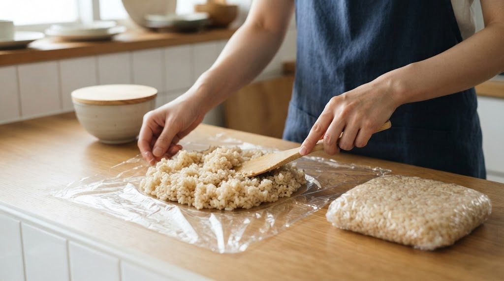 広げたラップの上の玄米ご飯を1食分ずつ平らに包んでいる手元。包み終えたものが横に置かれている