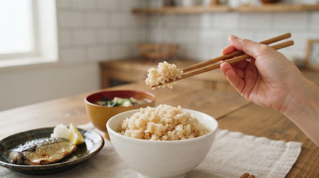 茶碗の玄米ご飯を箸でひとくち分つまんで持ち上げている手元。横に焼き魚の小皿とみそ汁のお椀がある