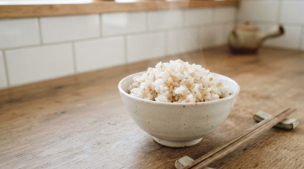 白米に玄米を少し混ぜて炊いたご飯を茶碗によそった様子。白いご飯のところどころに淡い茶色の粒が混ざっている