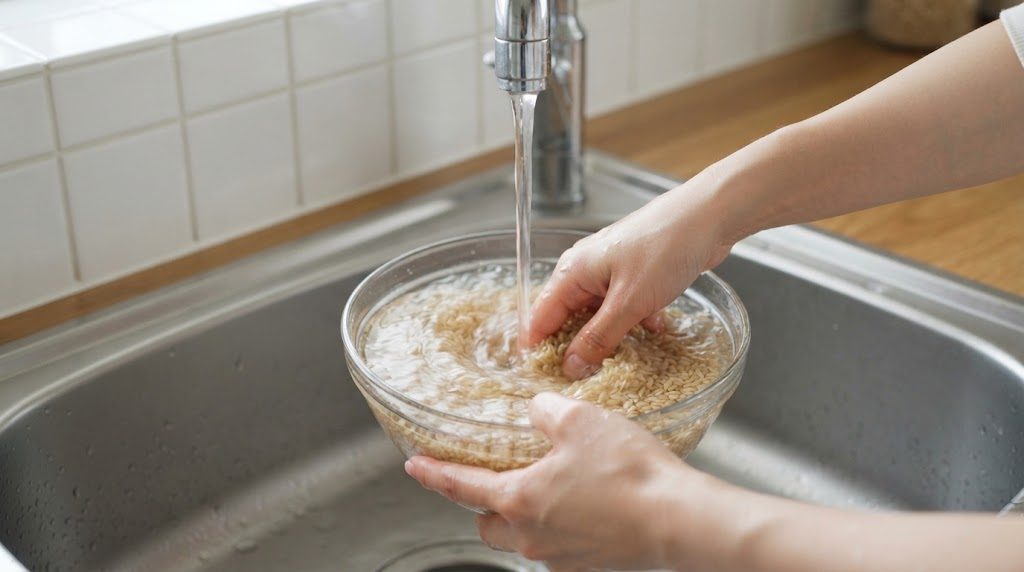 水道の水を注ぎながら、ガラスのボウルの玄米を手で軽く混ぜて洗っている手元