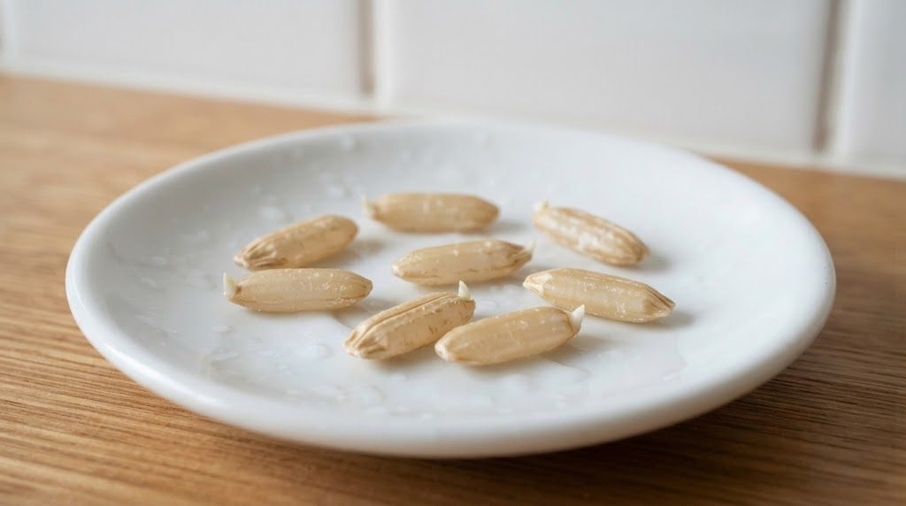 白い小皿にのせた玄米の粒。粒の端に、ごく小さな白い芽がのぞいているものがある