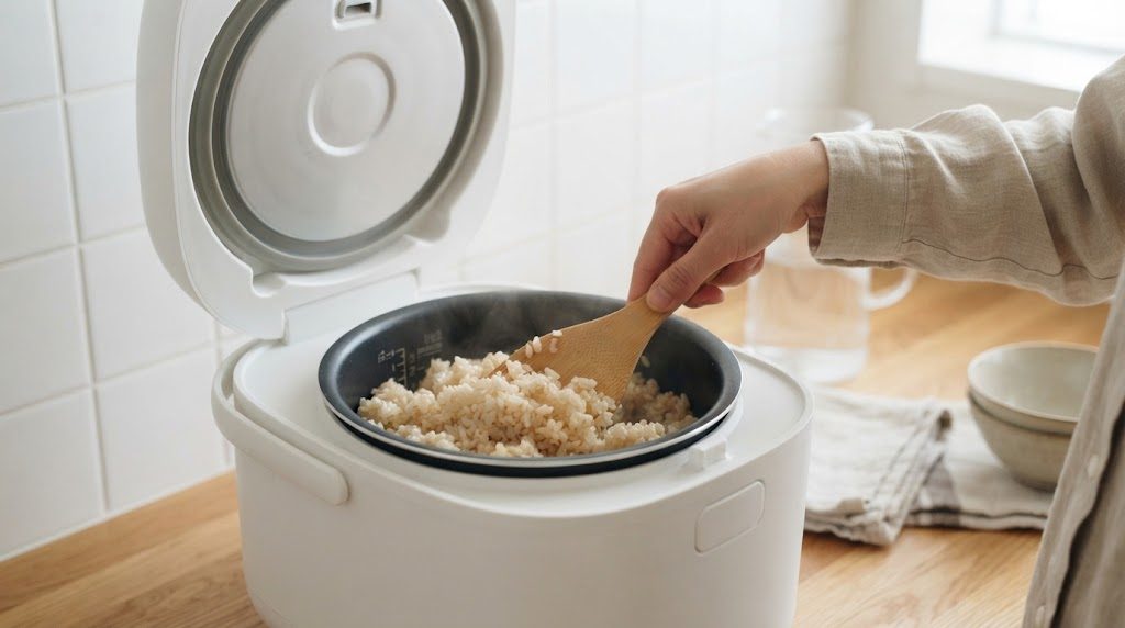 炊飯器の内釜で炊きあがった発芽玄米ご飯を、しゃもじで底から返してほぐしている手元